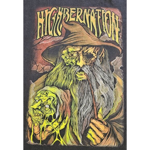 Highbernation Heavy Metal Band Shirt Trippy Smoking Wizard Size M Mens Black - Picture 2 of 8